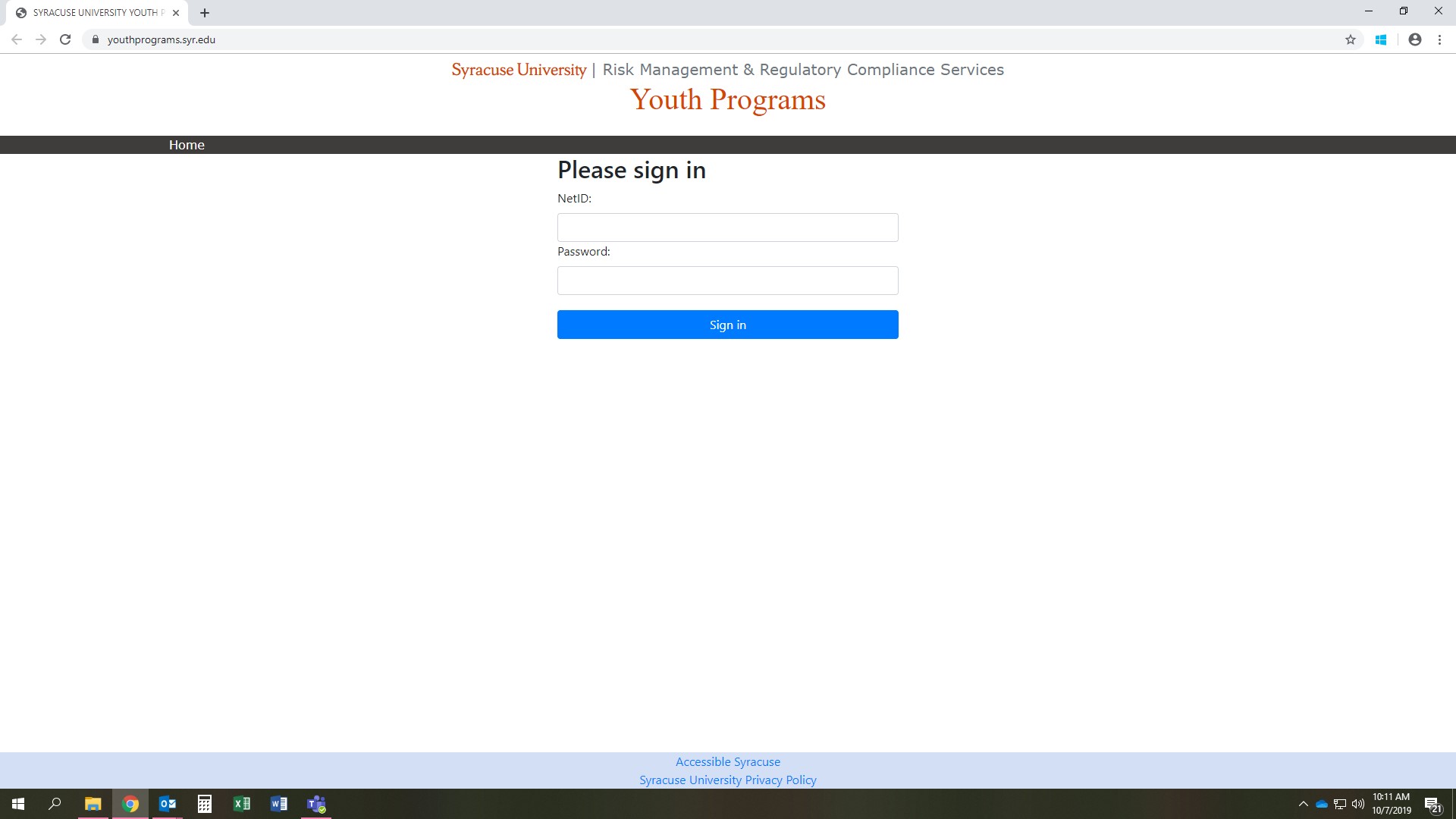This shows the youthprograms.syr.edu login page prior to logging in with Syracuse University MySlice credentials.