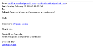 shows copy of email users receive when origami single sign on access is ready