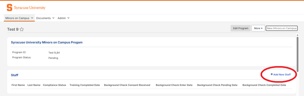 screenshot showing the add new staff link on the right side of the page