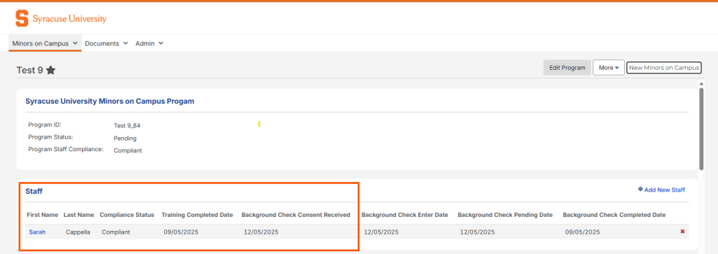 screenshot showing what the staff compliance page will look like after adding staff to the program