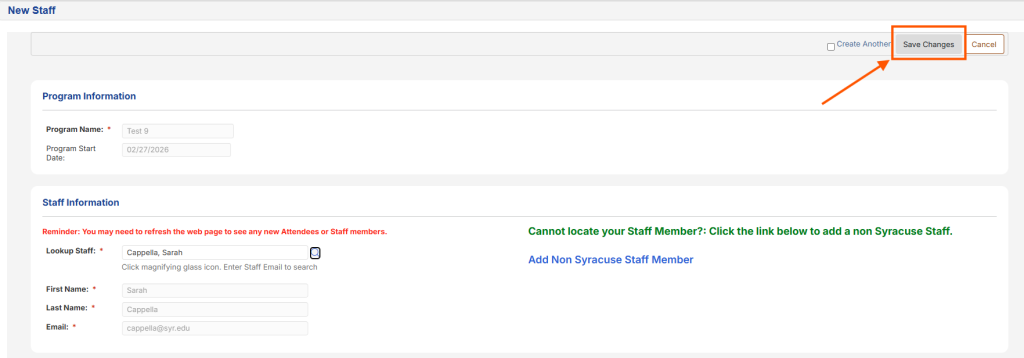 screenshot showing where the save changes button is after locating program staff.