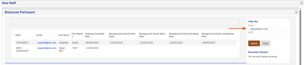 screenshot showing where to enter the staff email to search the database