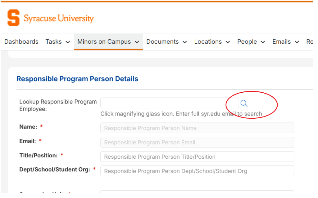 shows magnifying glass to the right side of the text box in Origami titled lookup responsible program person